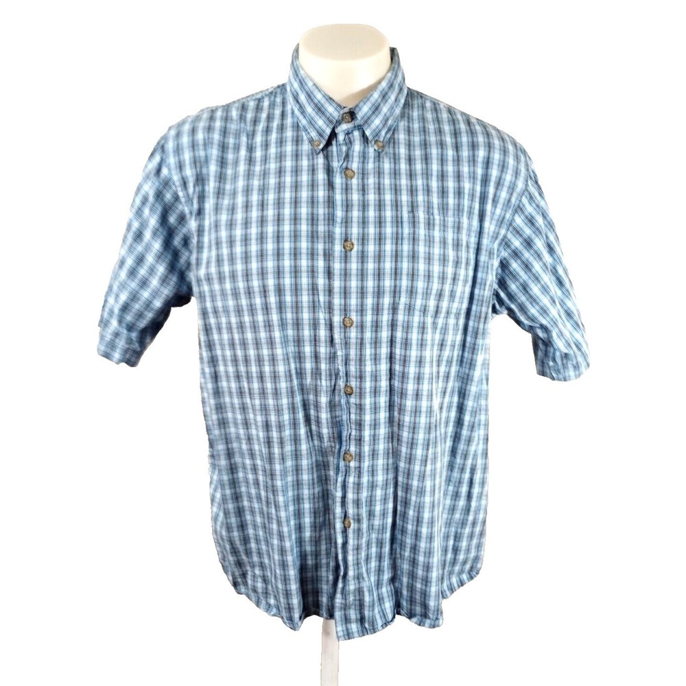Wrangler Shirt Men's Large Plaid Blue White Short Sleeve Relaxed Fit Cabin Core